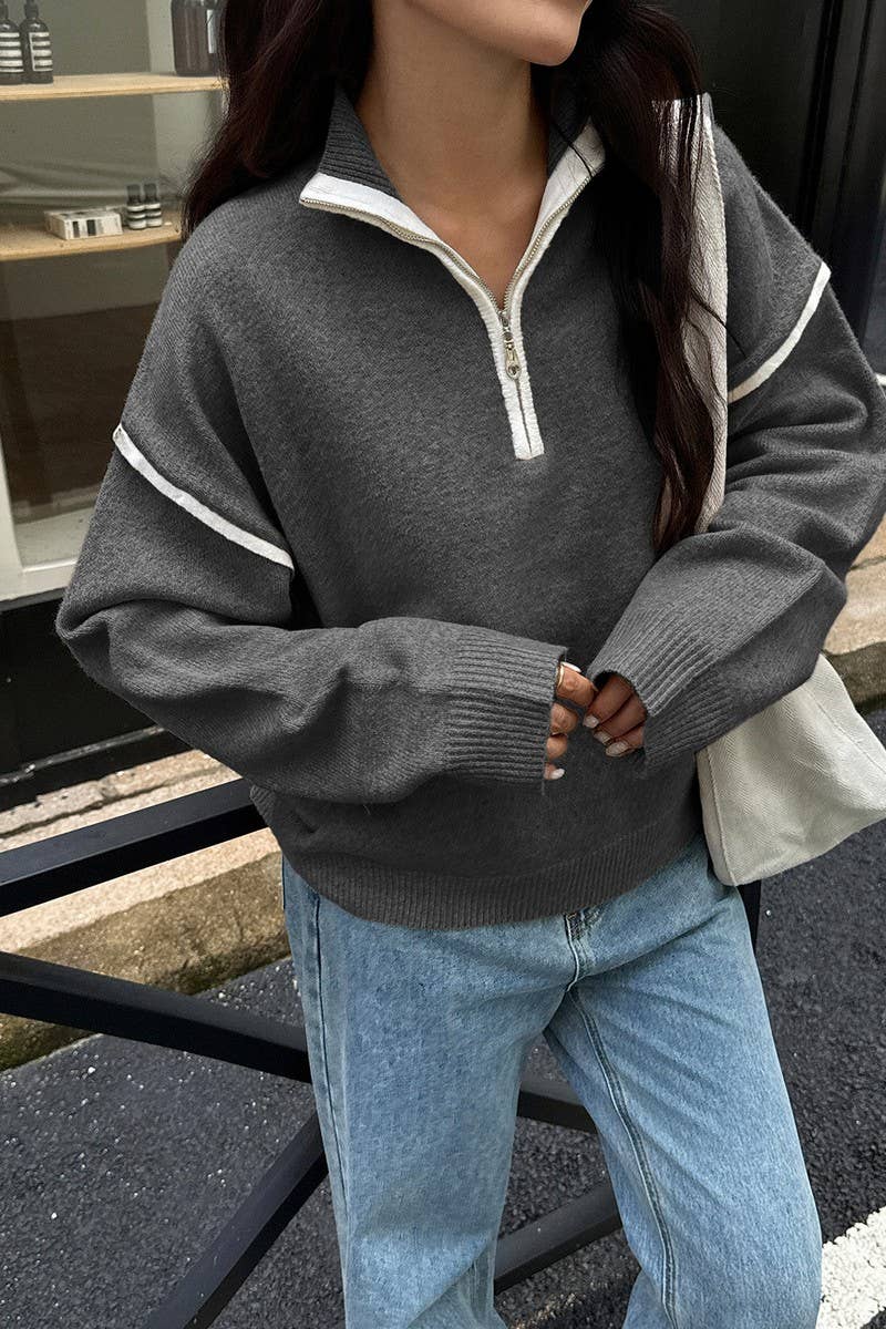 CWOSWL07487_CASUAL SIMPLE SOLID LONG SLEEVE ZIP SWEATER