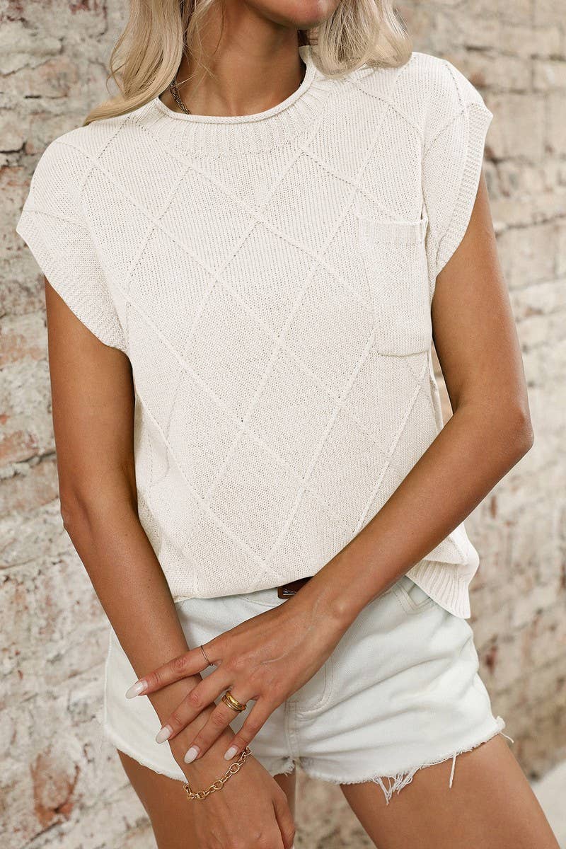 CWTTS1370_ROUND NECK DIAMOND CHECK KNITTED SHORT SLEEVES