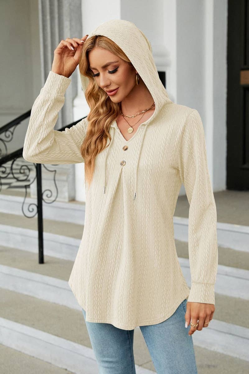 CWTBLL2794_FALL V-NECK HOODED LONG-SLEEVED KNIT TOP