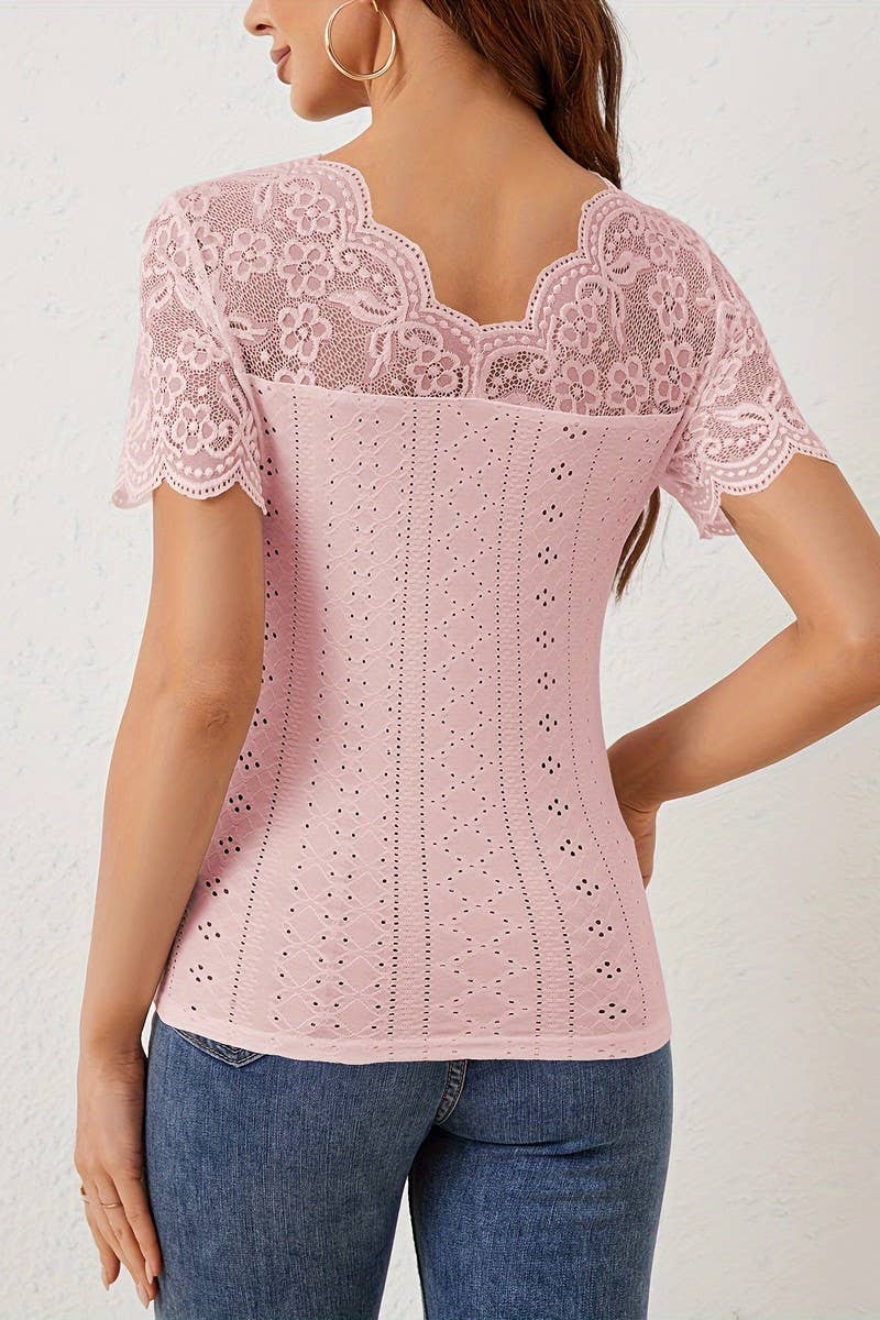 CWTBLS1528_SCALLOPED V-NECK LACE PANELED SHORT-SLEEVED TOP