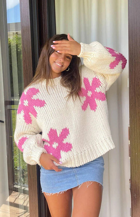 FLORAL PRINT TOP CREW NECK IN CONTRASTING COLORS