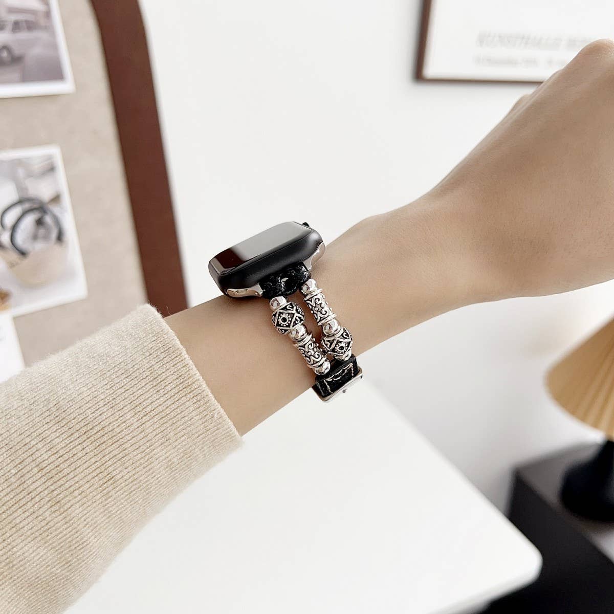 IWATCH9-1 14MM TIBETAN SILVER DENIM LEATHER STRAP
