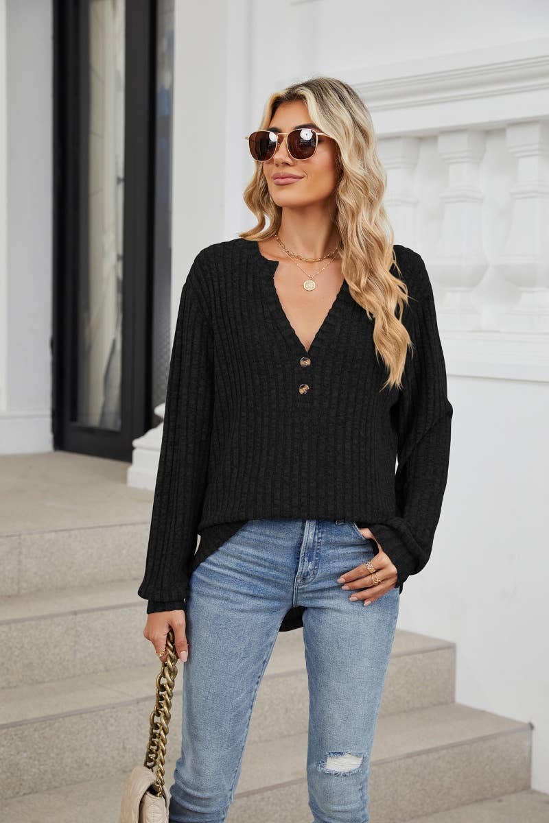 CWOSWL6561_V-NECK BUTTON-UP LONG-SLEEVED SWEATER
