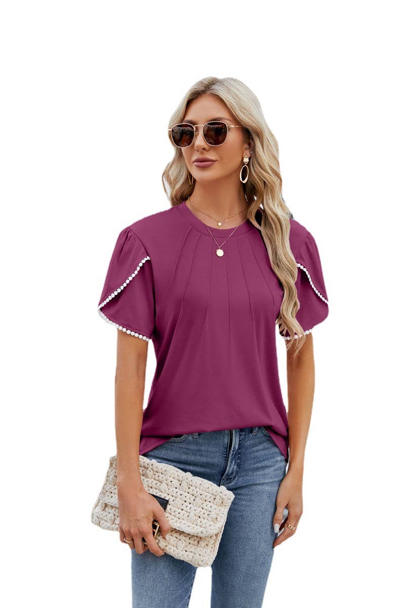 CWTBLS0882_RUFFLED BLOUSE WITH STRETCH PEARL PETAL SLEEVES