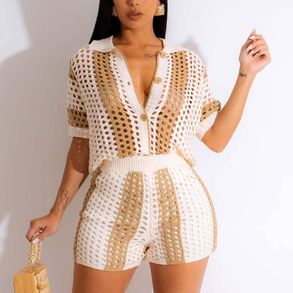 CUT-OUT SEE-THROUGH LAPEL KNIT SHORTS SET