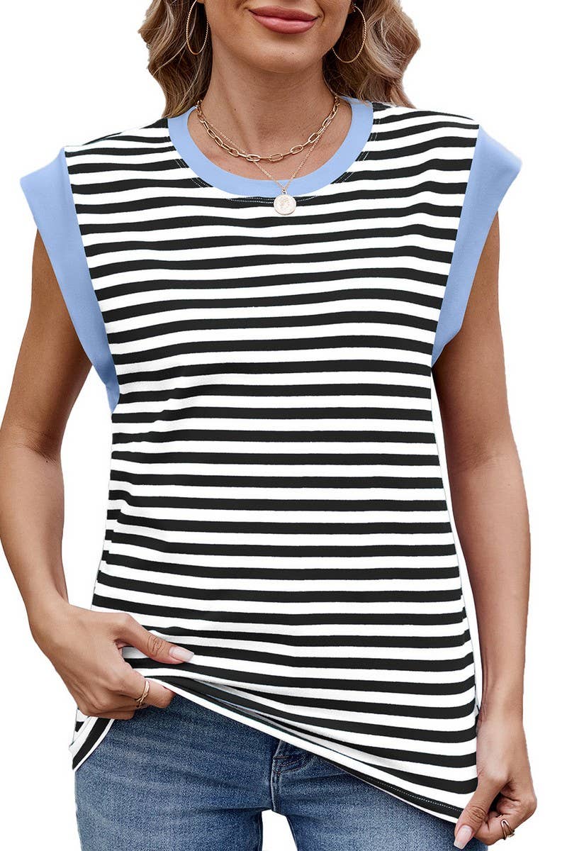 CWTTSL0295_STRIPED CONTRAST PANEL ROUND NECK SLEEVELESS TOP