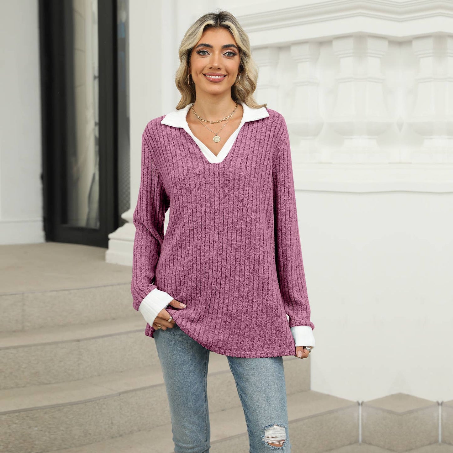 COLOR CONTRAST LAPEL LOOSE FUR PIT STRIP HOODIE