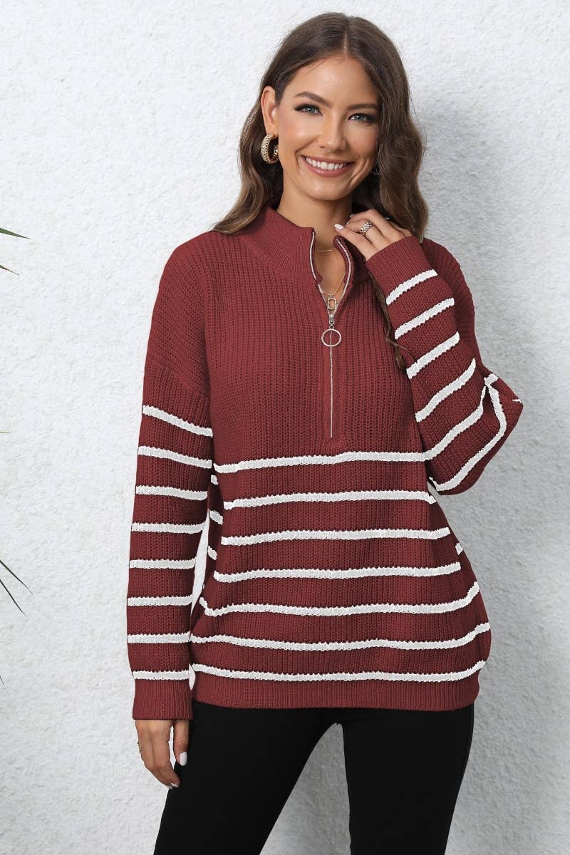 CWOSWL6730_KNIT ZIPPER STRIPED LONG-SLEEVED SWEATER