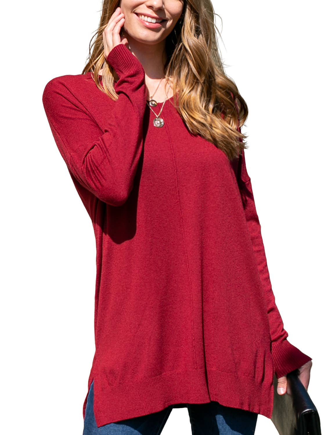 CWOSWL1826_V NECK LOOSE FIT TUNIC LENGTH SOFT SWEATER TOP