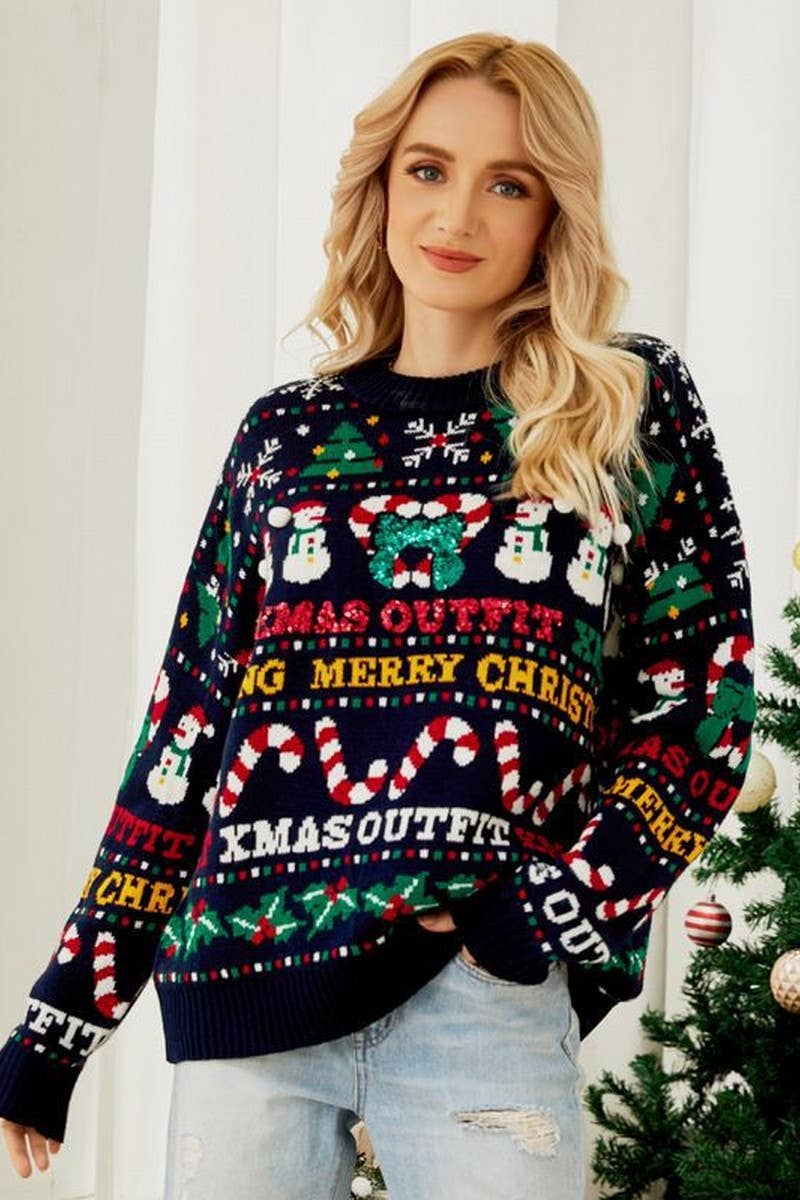 CWOSWL2431_CHRISTMAS TREE SNOWMAN SEQUINED CHRISTMAS SWEATER