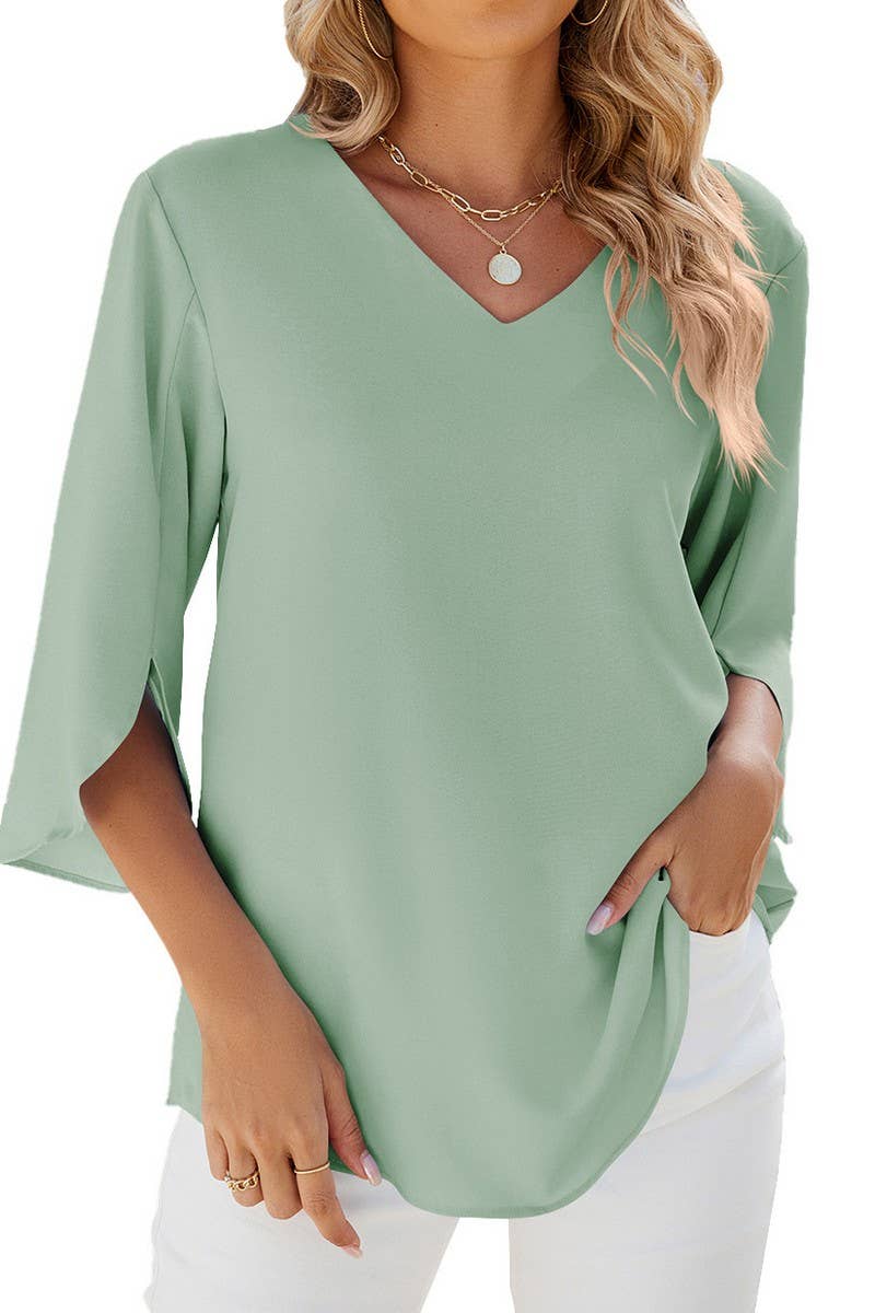 CWTBLS0871_SOLID COLOR V-NECK MID-SLEEVE LOOSE TOP
