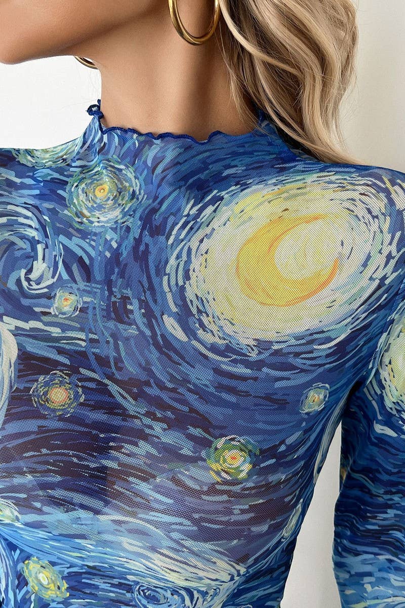 CWTBLL3926_BLUE PRINTED STARRY MESH MOCK NECK CROP TEE