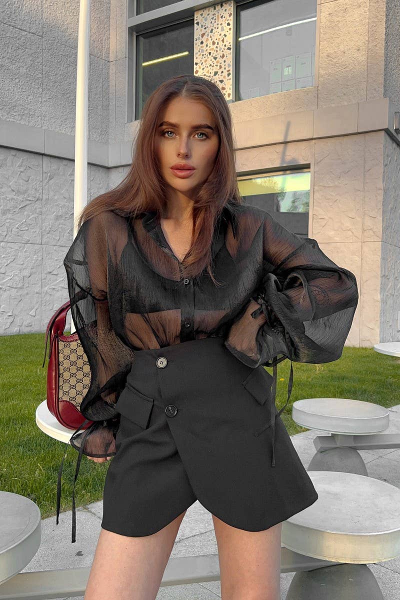 CWTSTL2580_LAPEL PUFF SLEEVE COMMUTER SEE-THROUGH SHIRT