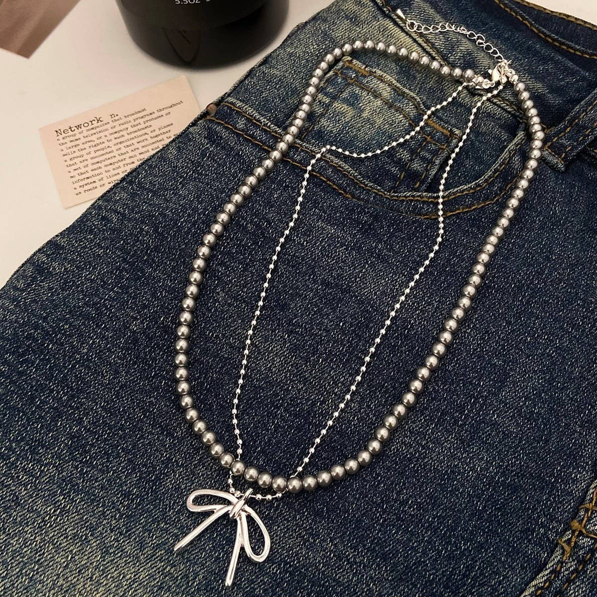 FASHIONABLE TASSEL BOW PEARL DOUBLE LAYER NECKLACE