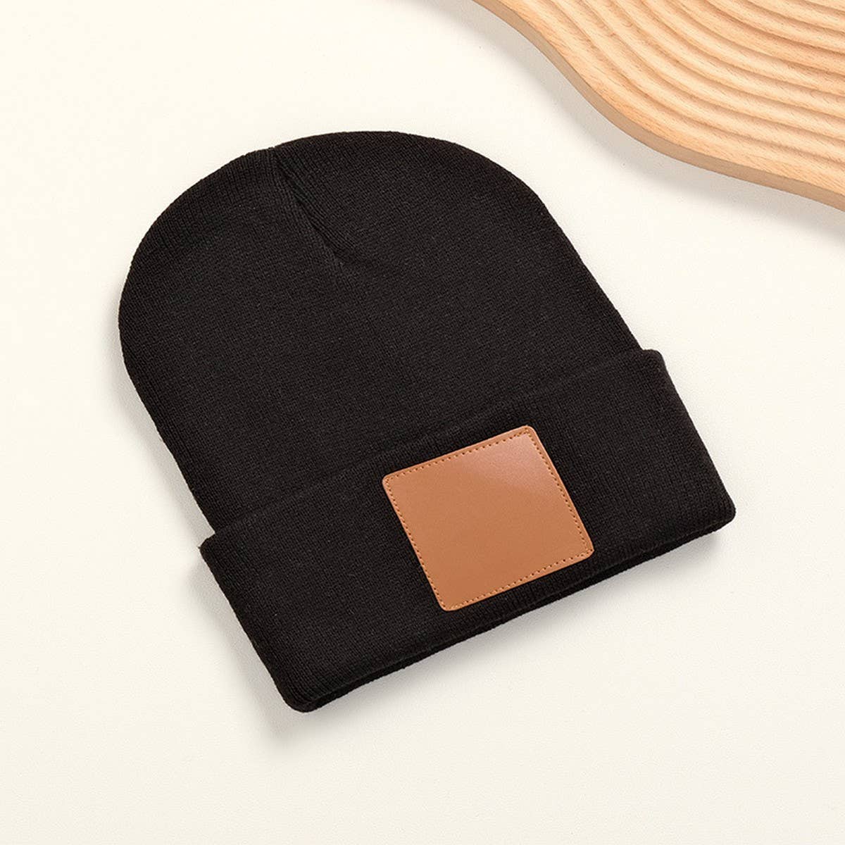 CWAH04345_ LEATHER PATCH KNIT BEANIE HAT UNISEX
