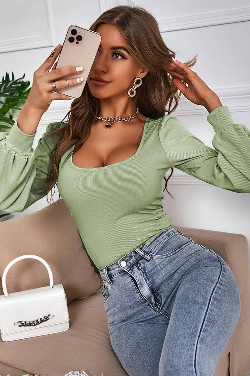 CWTBLL2746_SQUARE NECK PUFF SLEEVE KNIT LONG SLEEVE TOP