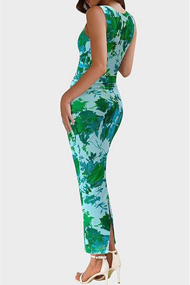 CWDMD6368_PLEATED FLORAL BODYCON SLEEVELESS MESH DRESS