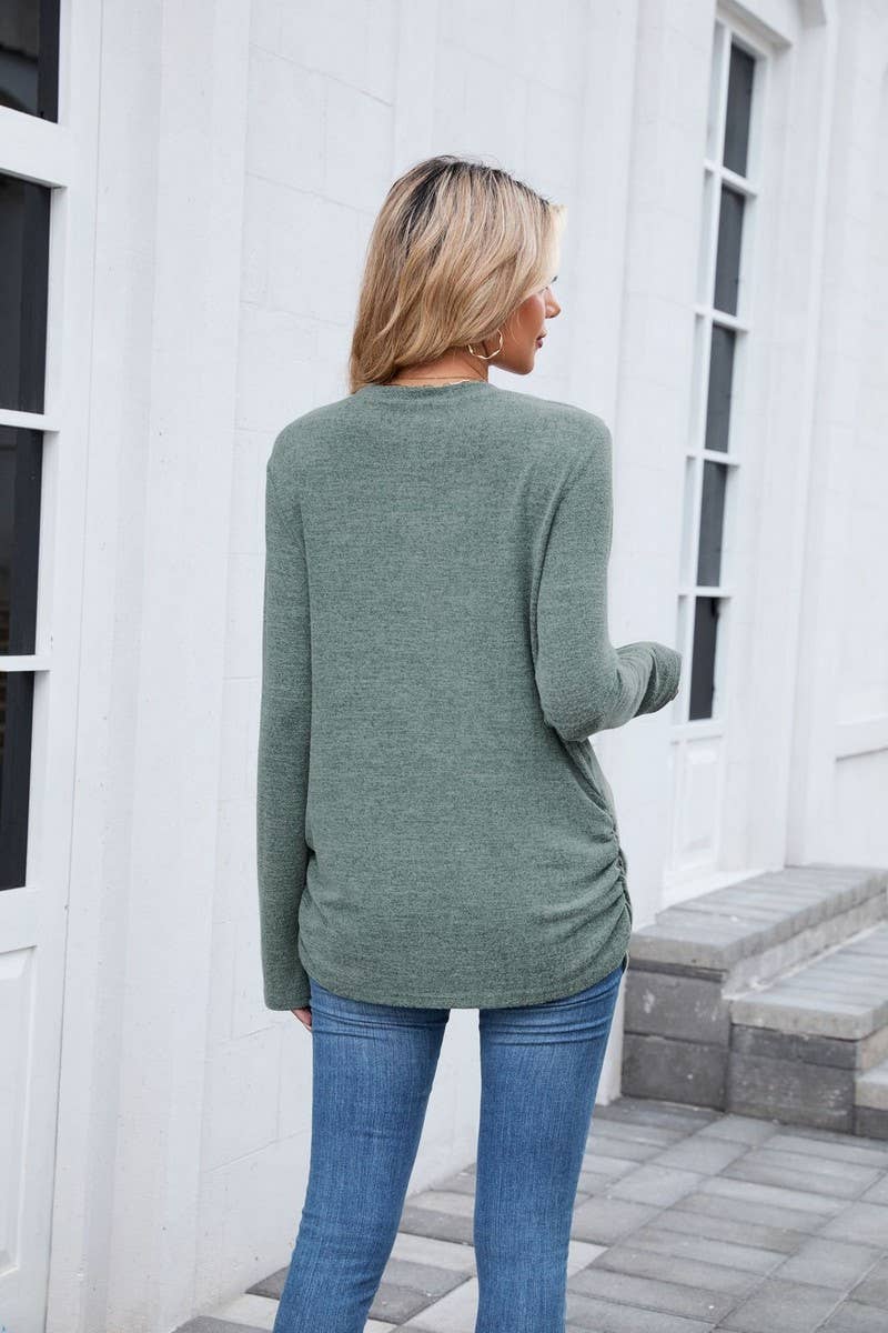 CWTBLL01304_COLORBLOCK RUCHED LONG SLEEVE CASUAL T SHIRT