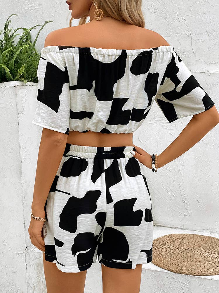 Crop top shorts sexy milk print two-piece set