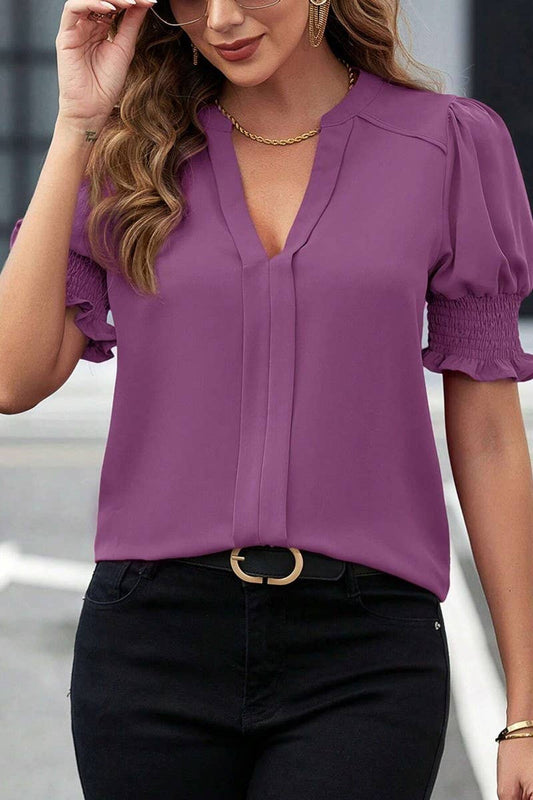 CWTSTS0664_SUMMER V-NECK ELEGANT PUFF SLEEVE SHIRT