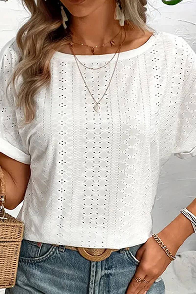 CWTTS1397_SUMMER SOLID COLOR EMBROIDERED HOLLOW T-SHIRT