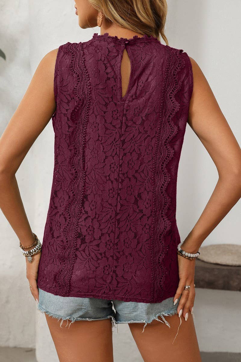 CWTBLSL0672_V-NECK LACE SLEEVELESS VEST TOP