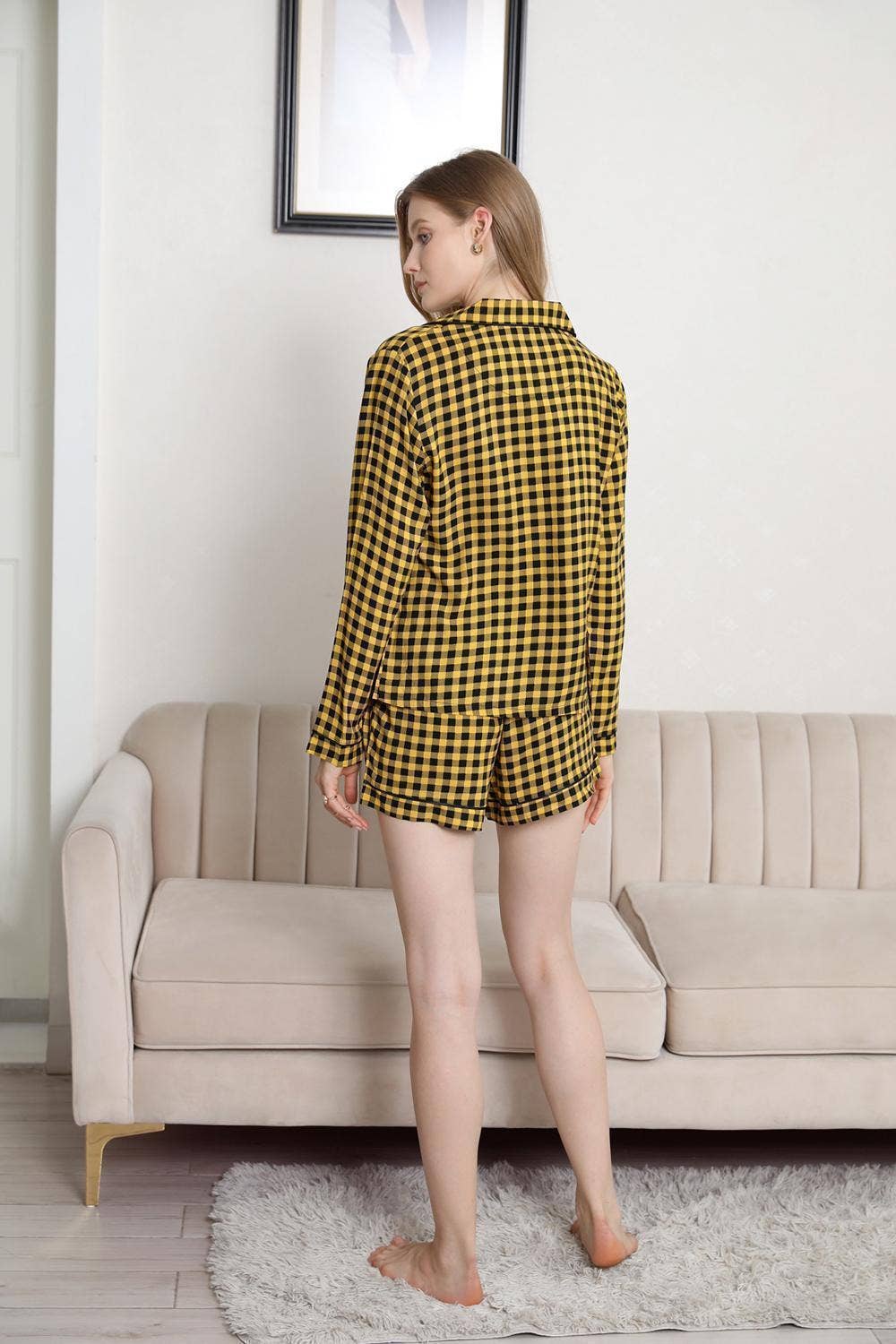 Checked long-sleeved shirt shorts pajama set