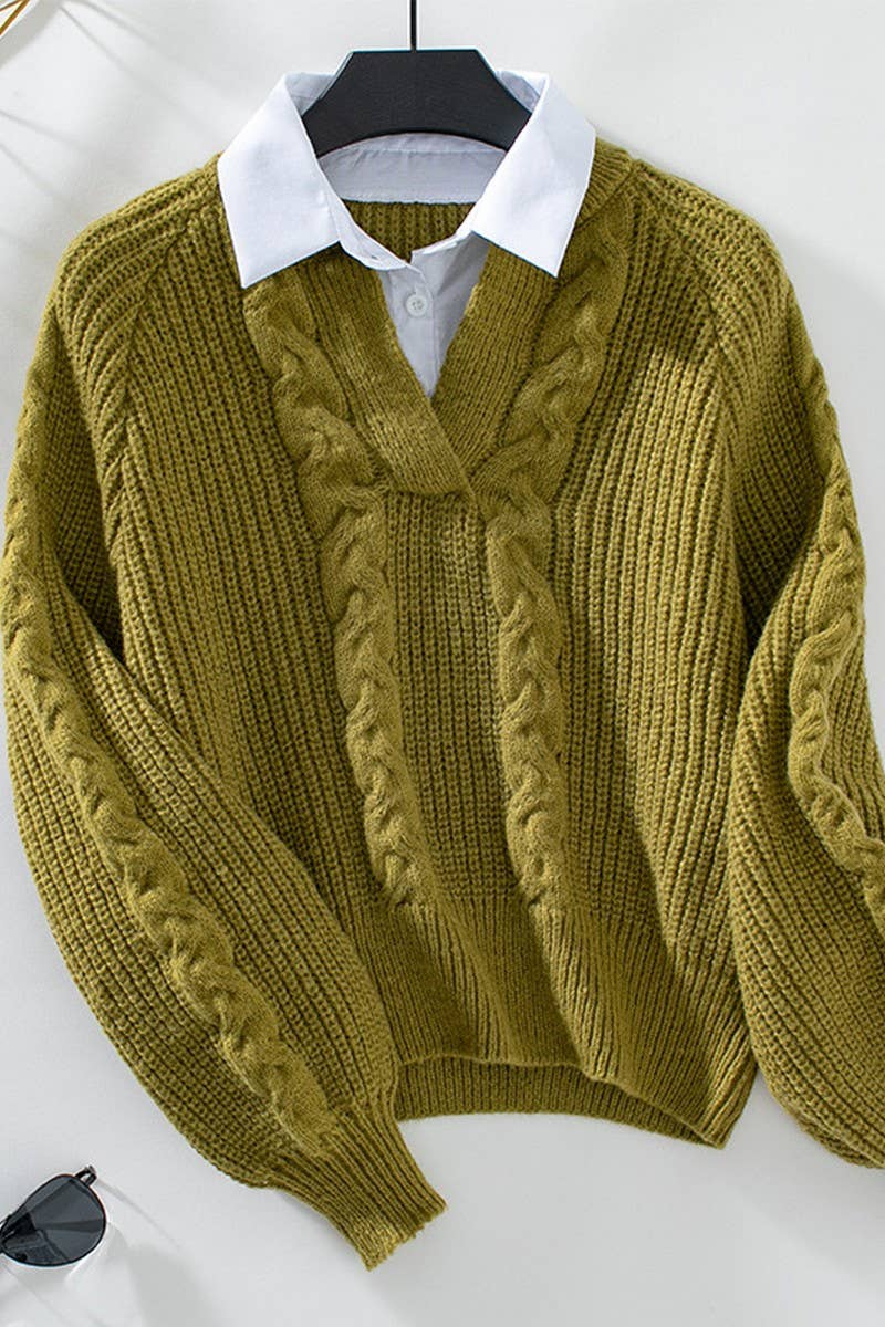 CWOSWL2876_SHIRT COLLAR STITCHING FAKE TWO-PIECE SWEATER