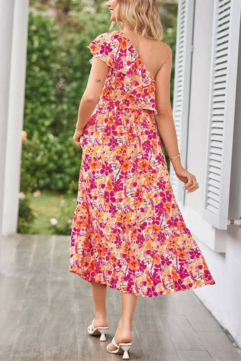 CWDMD4123_ONE-SHOULDER PRINTED TIE-NECK RUFFLE DRESS