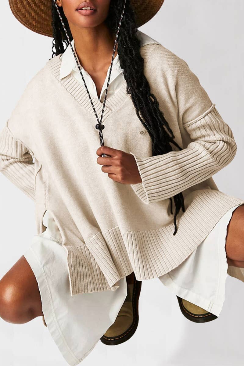 CWOSWL5822_V-NECK LONG SLEEVE SWEATER WITH IRREGULAR SPLIT