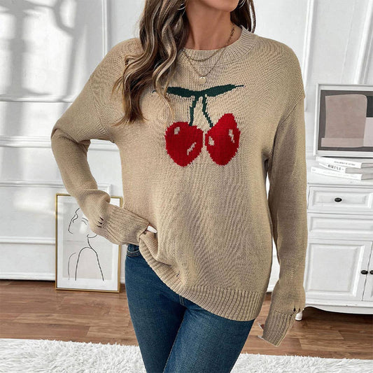 CREW-NECK CHERRY JACQUARD PULLOVER SWEATER