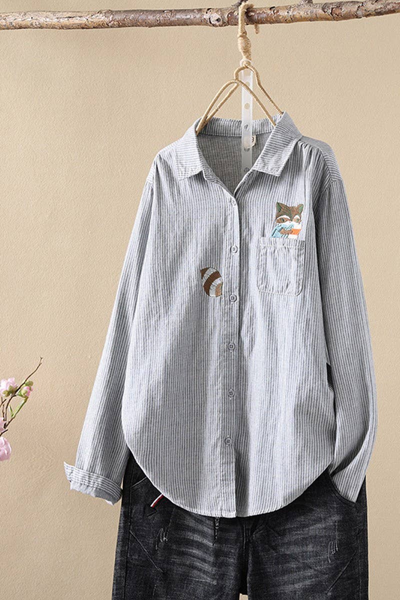 CWTSTL2249_FOX EMBROIDERED STRIPED COTTON SHIRT TOP