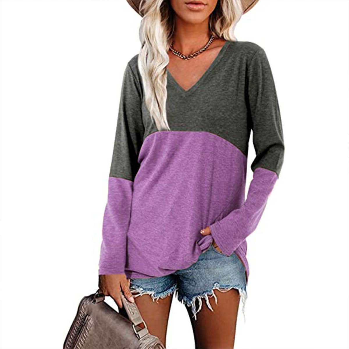 Color contrast patchwork V-neck long sleeve Tshirt