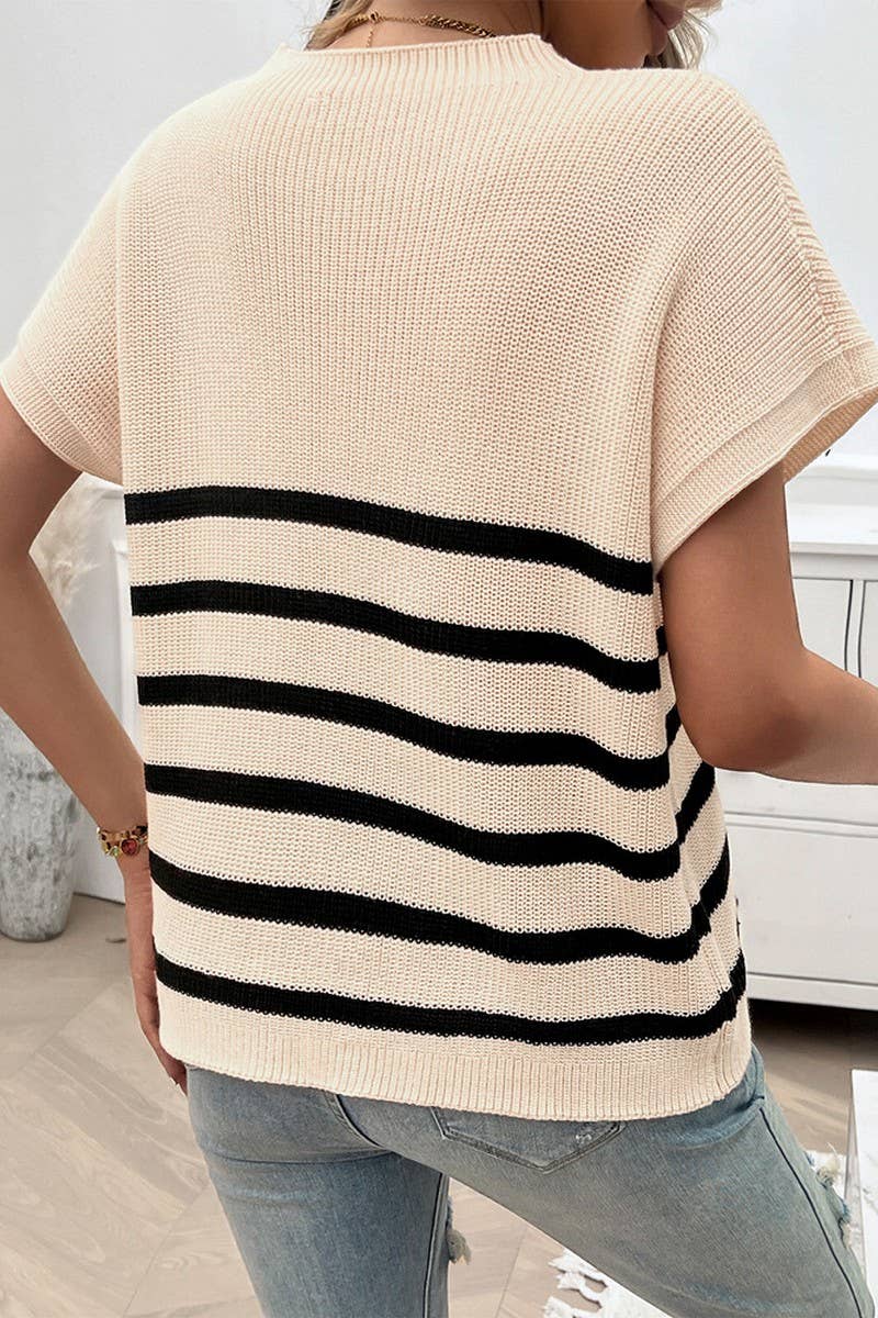 CWOSWS0077_CREW NECK STRIPED CONTRAST SHORT SLEEVE SWEATER