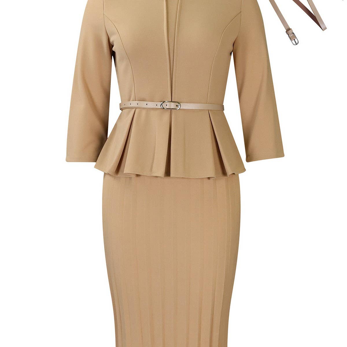 V-NECK RUFFLED HIGH WAIST SLIM COMMUTER DRESS