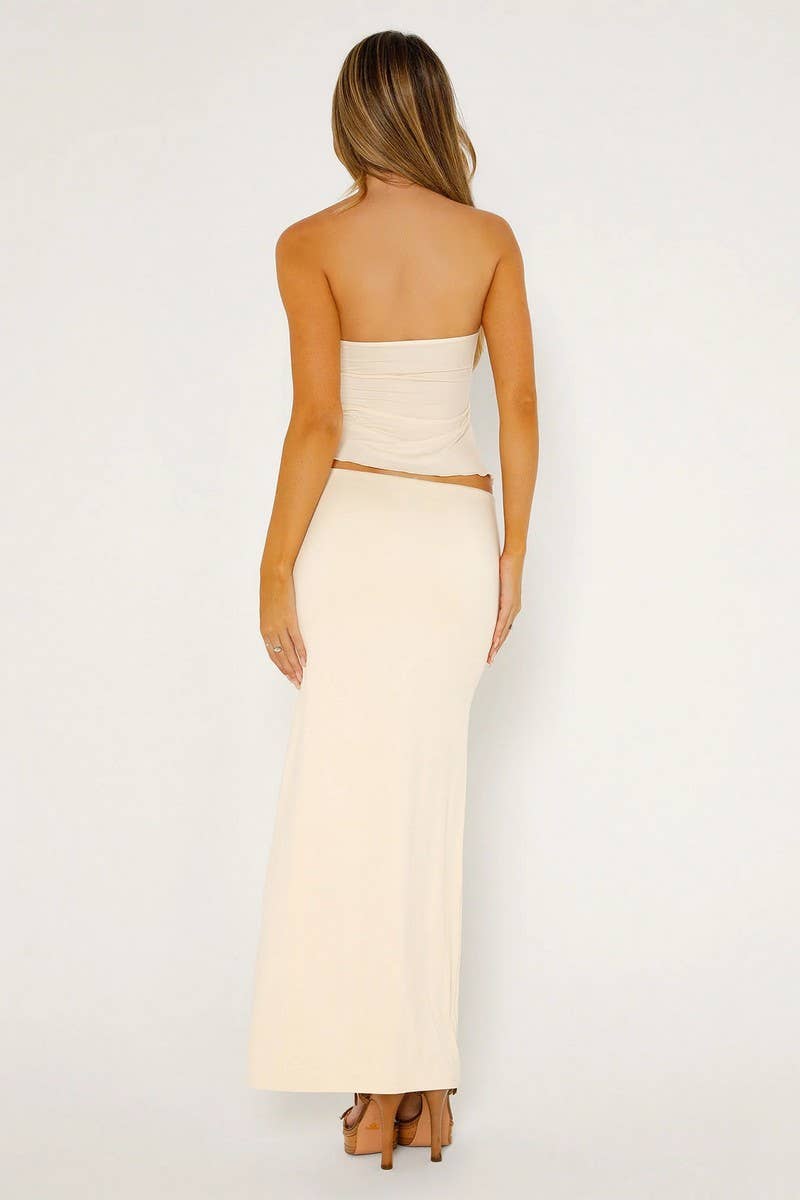 CWSTB1436_MESH DOUBLE-LAYER SLIT TUBE-TOP LONG SKIRT SUIT