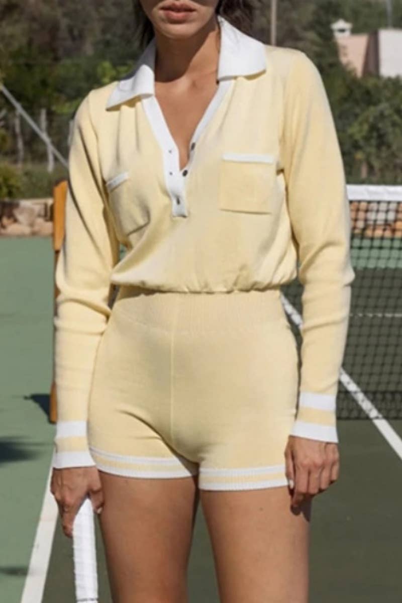 CWSJS0734_WOMEN'S KNIT V-NECK POLO ROMPER SHORTS