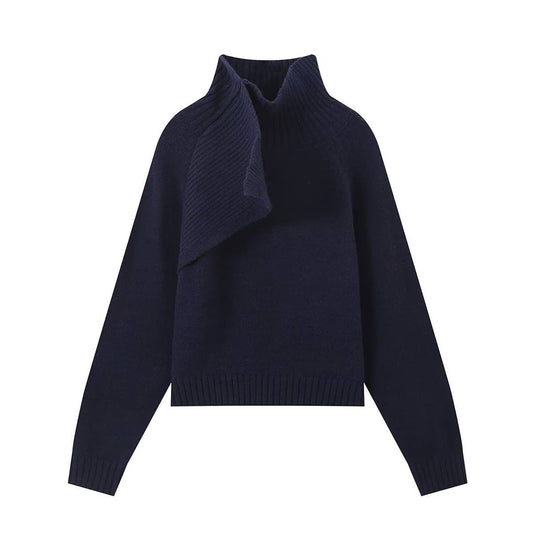 CASUAL SWEATER WITH SCARF EMBELLISHMENT PILE NECK