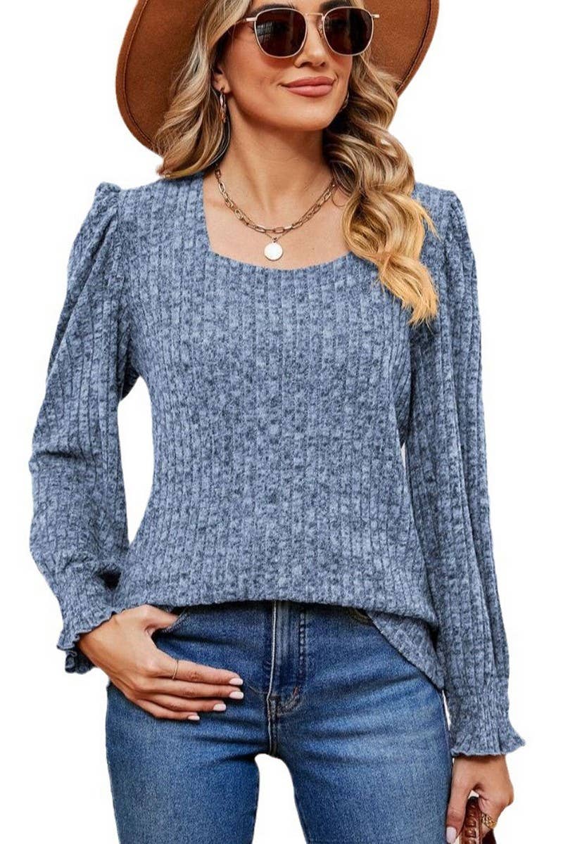CWTBLL2404_SQUARE NECK LONG SLEEVE RIBBED RUFFLE SLEEVE TOP
