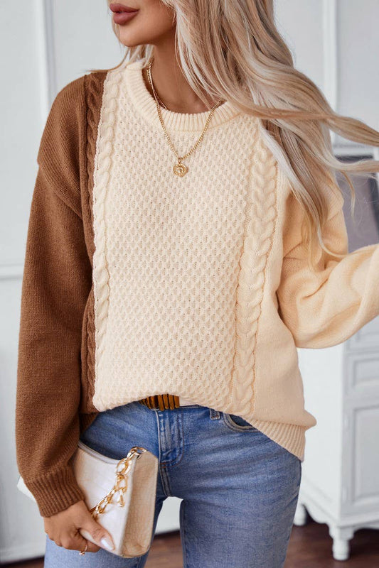 CWOSWL2880_CREW NECK CONTRAST CABLE SWEATER