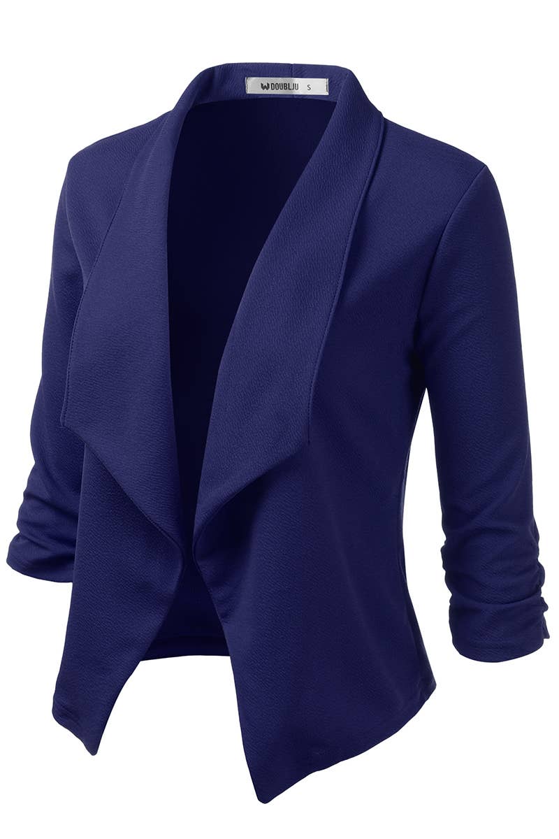 CWOBL091_Casual Work Ruched 3/4 Slv Open Front Blazer Jacket
