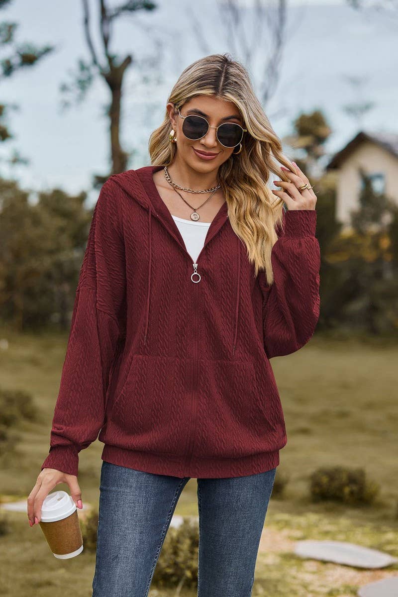 CWOCO0489_SOLID COLOR ZIPPERED MID-LENGTH HOODED COATS