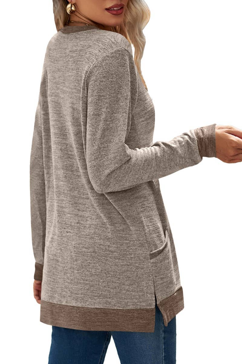 CWTBLL2689_CREW-NECK COLOR-MATCHING POCKET LONG-SLEEVED TOP