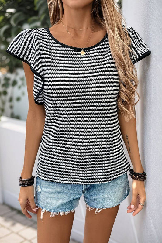 CWTBLS2145_BLACK AND WHITE STRIPED CREW NECK TEE TOP