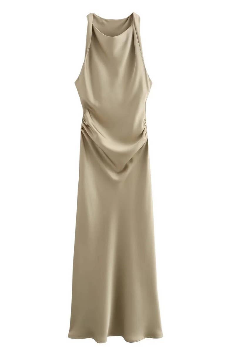 CWDMD4173_ROUND NECK SLEEVELESS BLACK SATIN DRESS