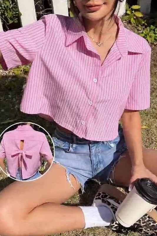 CWTSTS0763_CASUAL STRIPED SHORT SLEEVE SHIRT WITH BOW BACK