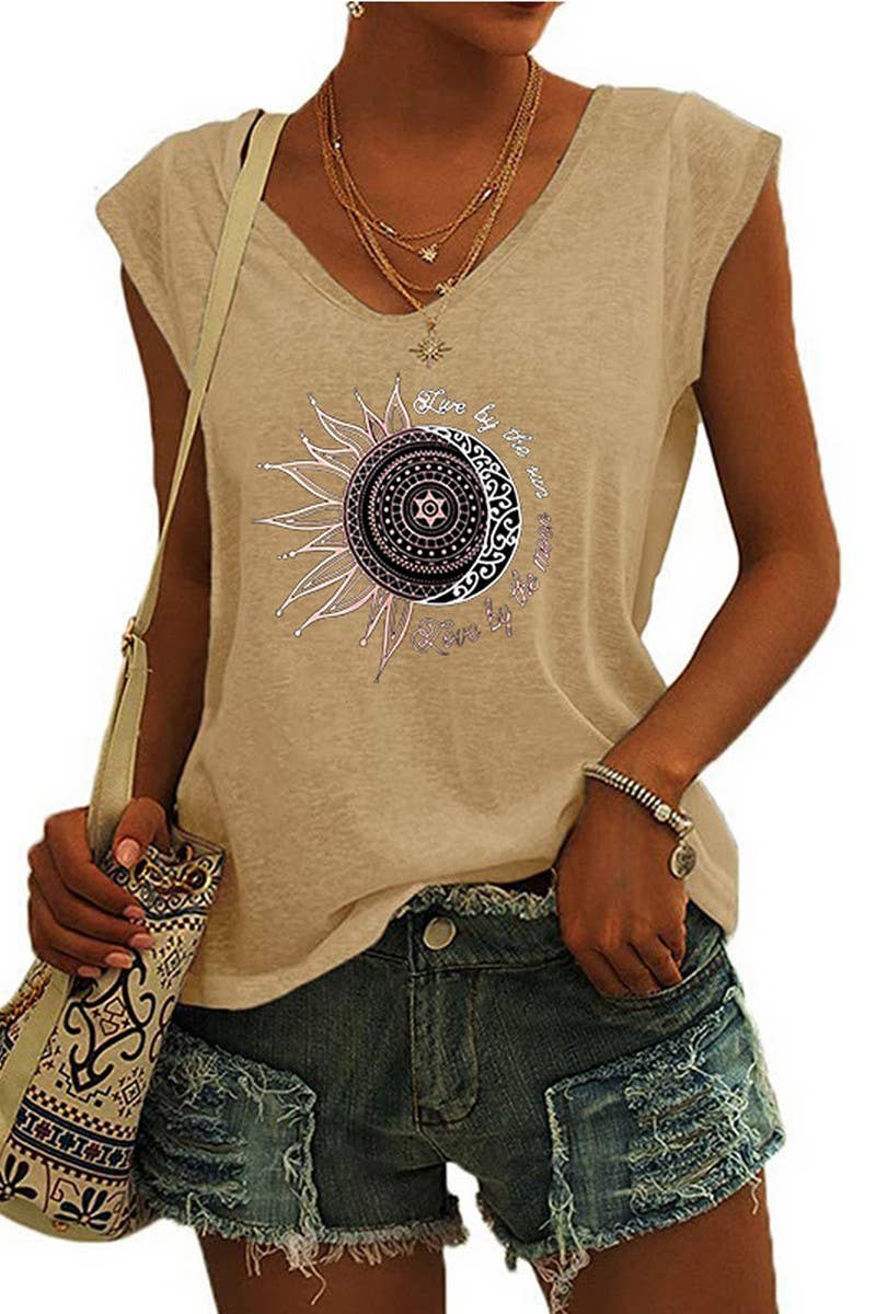 CWTTSL0407_V-NECK SUN AND MOON PRINT LOOSE T-SHIRT