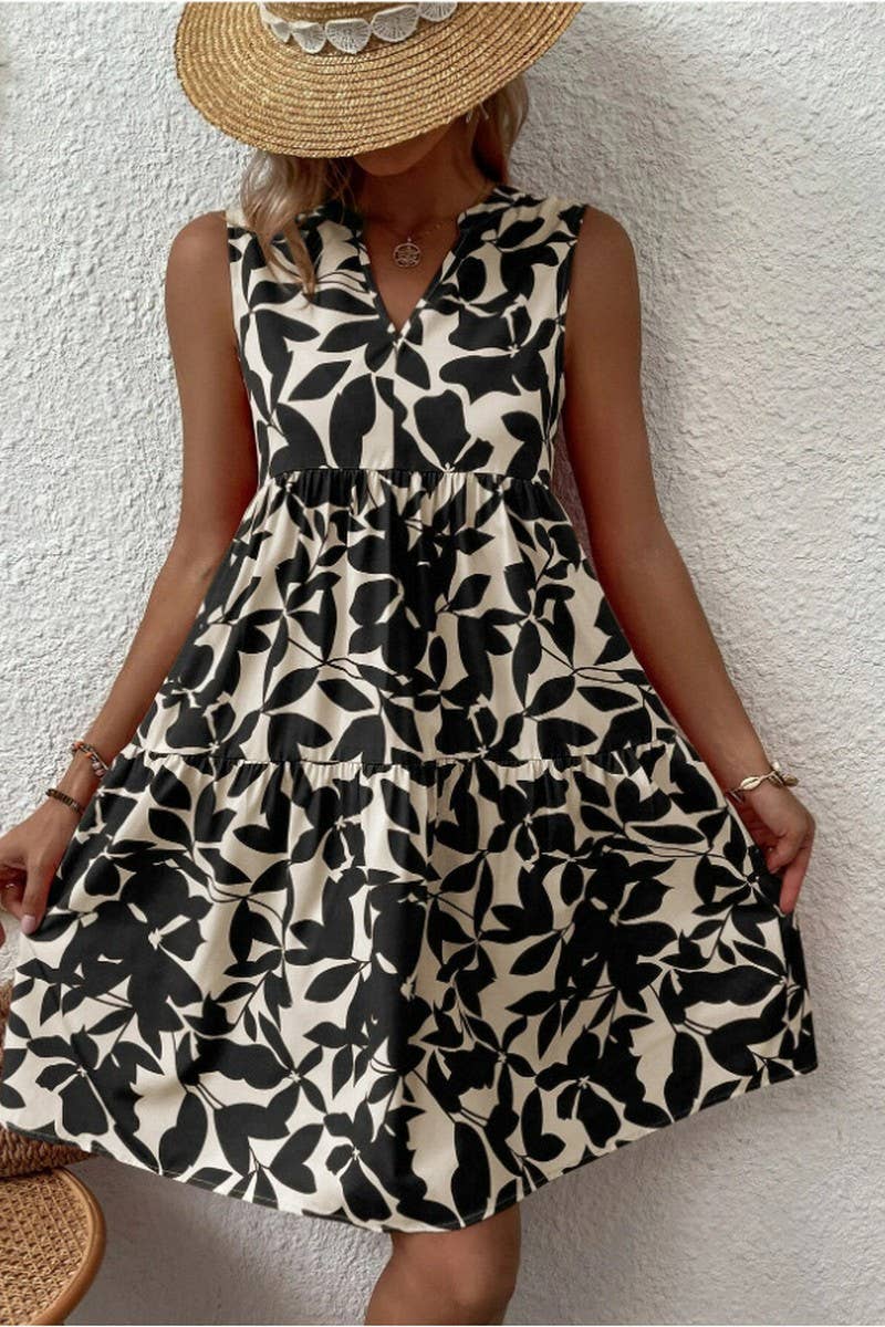 CWDSD8560_PRINTED V-NECK SLEEVELESS TIERED DRESS