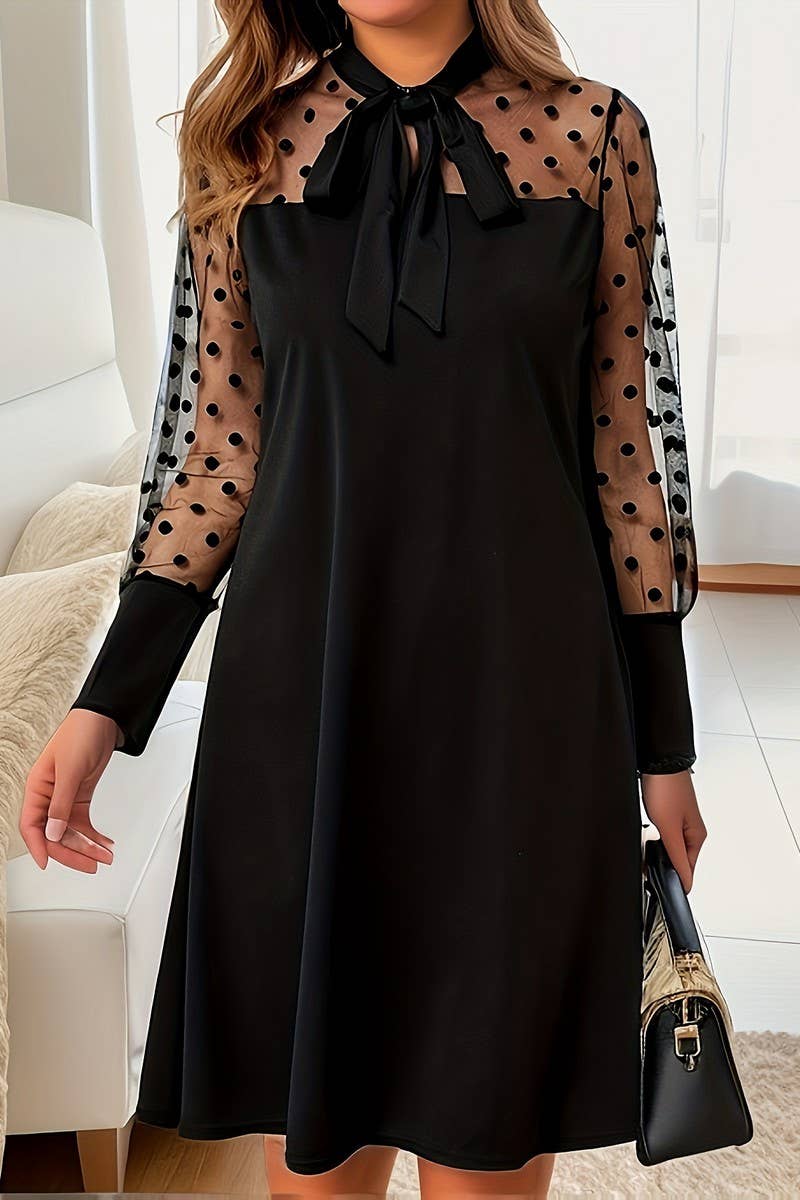 CWDMD01221_POLKA DOT MESH BOW LONG SLEEVE DRESS