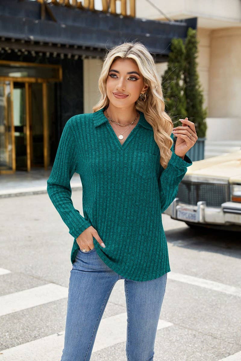 CWTBLL2329_SOLID COLOR LAPEL POCKET LONG SLEEVE LOOSE TOP